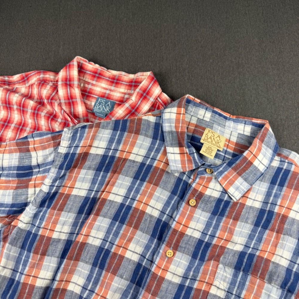 Jos. A. Bank Mens XXL Shirt Lot of 2 Linen Cotton Plaid Short Sleeve Button Up